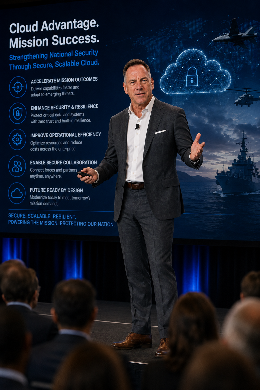 Executive presenting a secure cloud transformation strategy